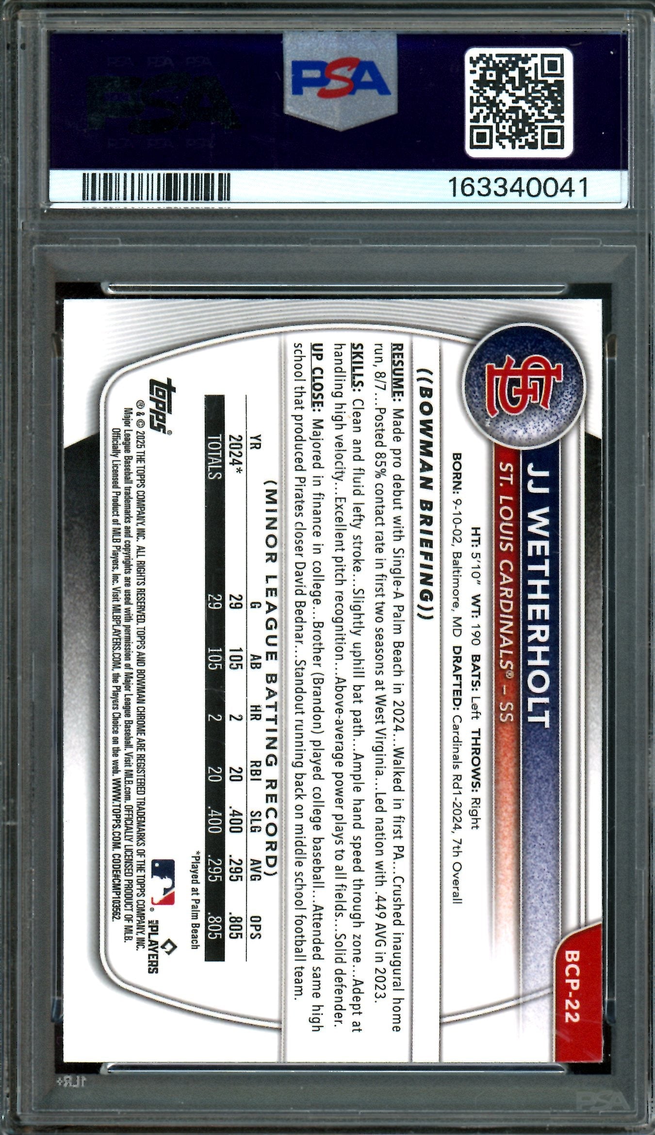 2025 Bowman Chrome JJ Wetherholt 1st Mojo PSA 10 Cardinals
