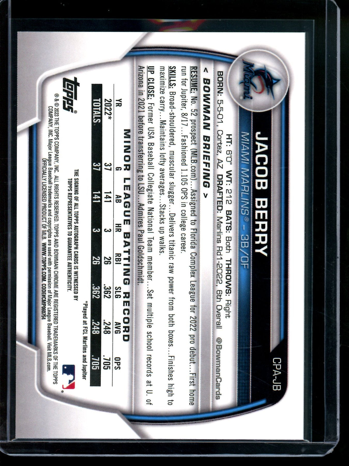 2023 Bowman Chrome Jacob Berry 1st Sparkle Refractor Autograph /299 Marlins - Trading Card Market