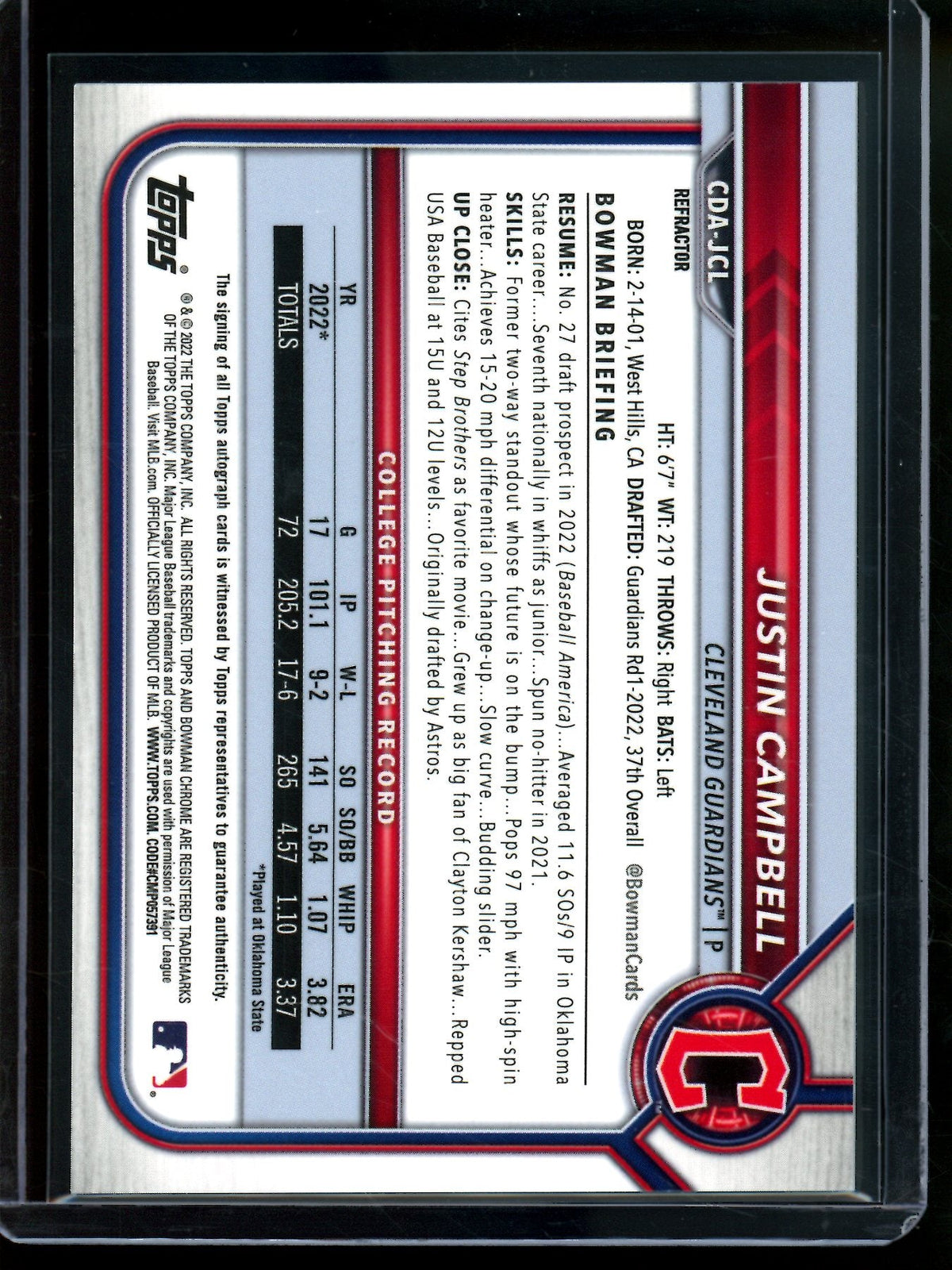 2022 Bowman Chrome Justin Campbell 1st Autograph Refractor /499 Guardians - Trading Card Market