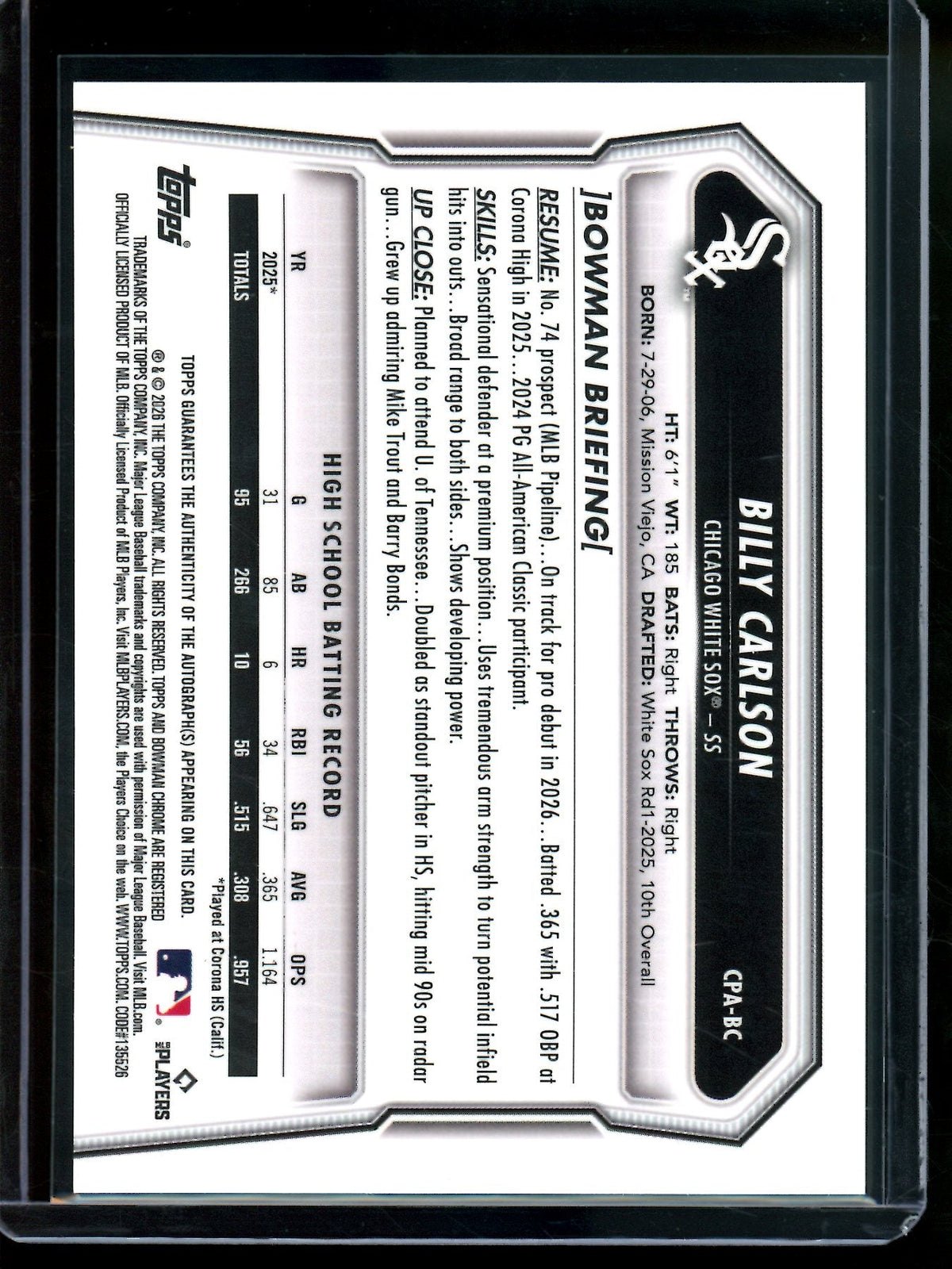 2026 Bowman Chrome Billy Carlson Speckle Autograph /299 White Sox - Trading Card Market