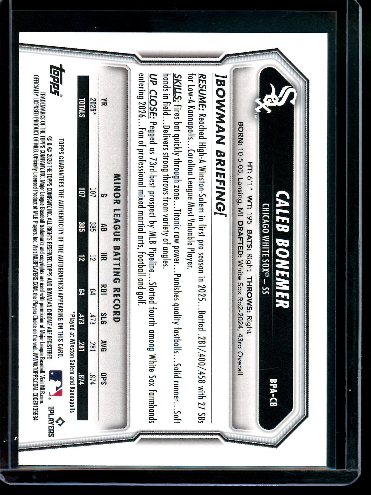 2026 Bowman Caleb Bonemer Blue Autograph /150 White Sox - Trading Card Market
