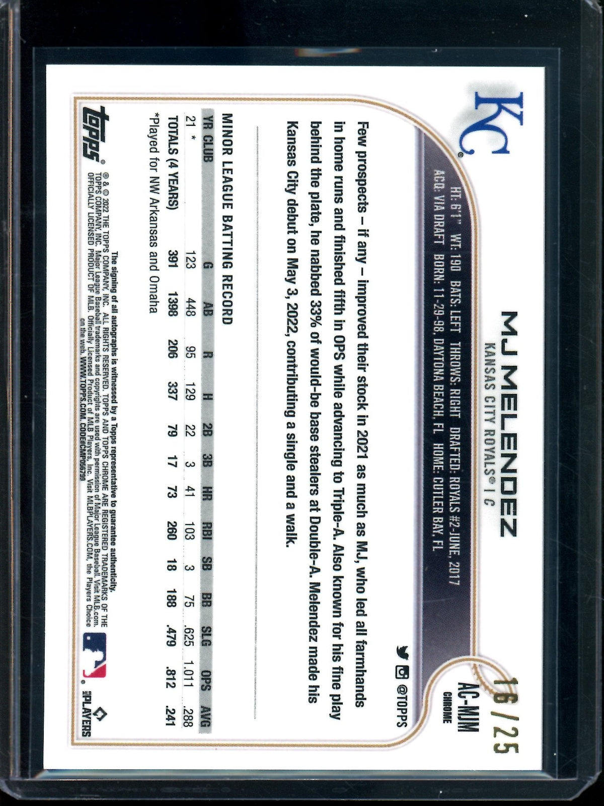 2022 Topps Chrome MJ Melendez Orange Rookie Autograph /25 Royals - Trading Card Market