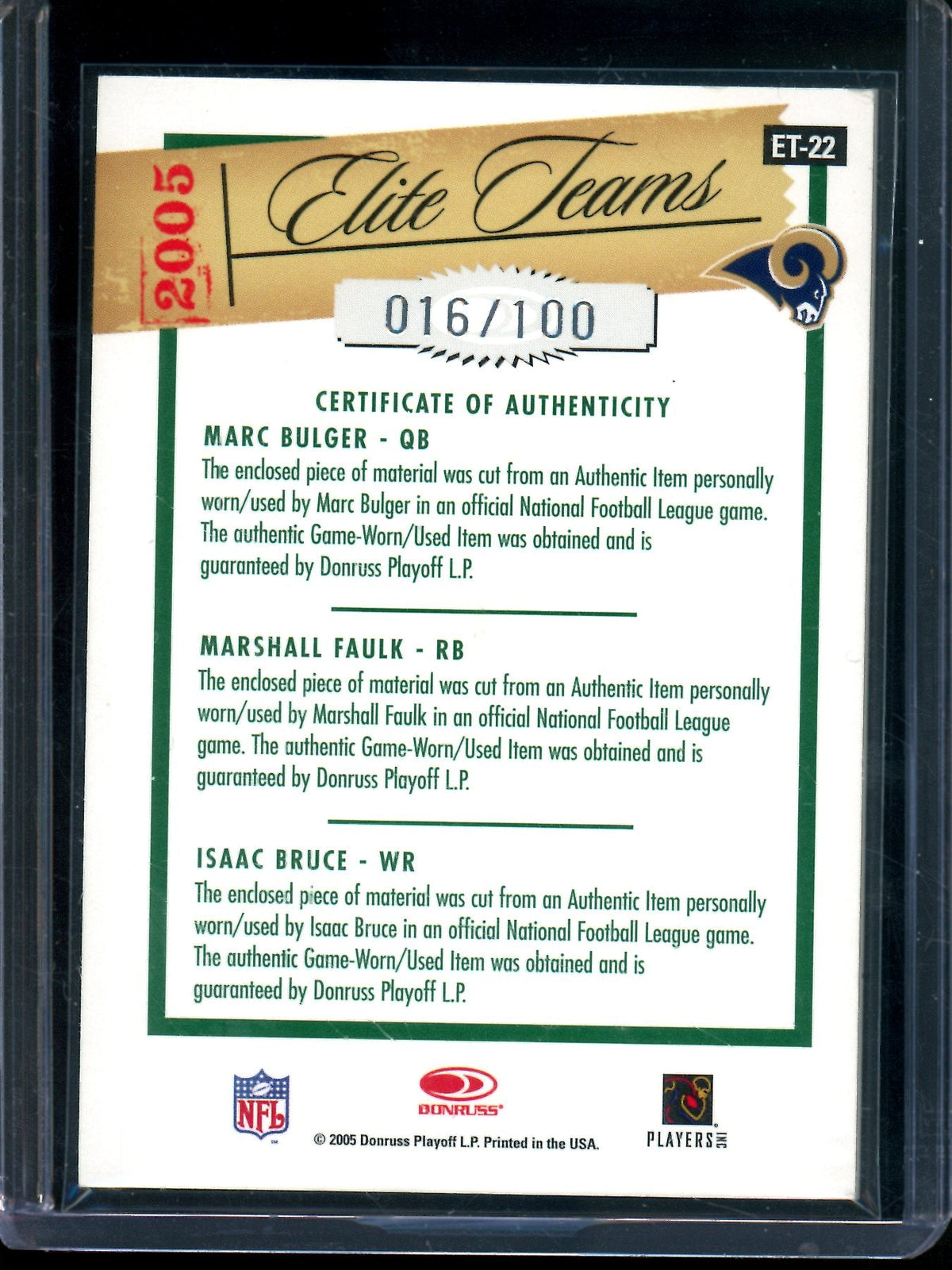 2005 Panini Elite Bulger / Faulk / Bruce Elite Teams Triple Relic /100 Rams - Trading Card Market