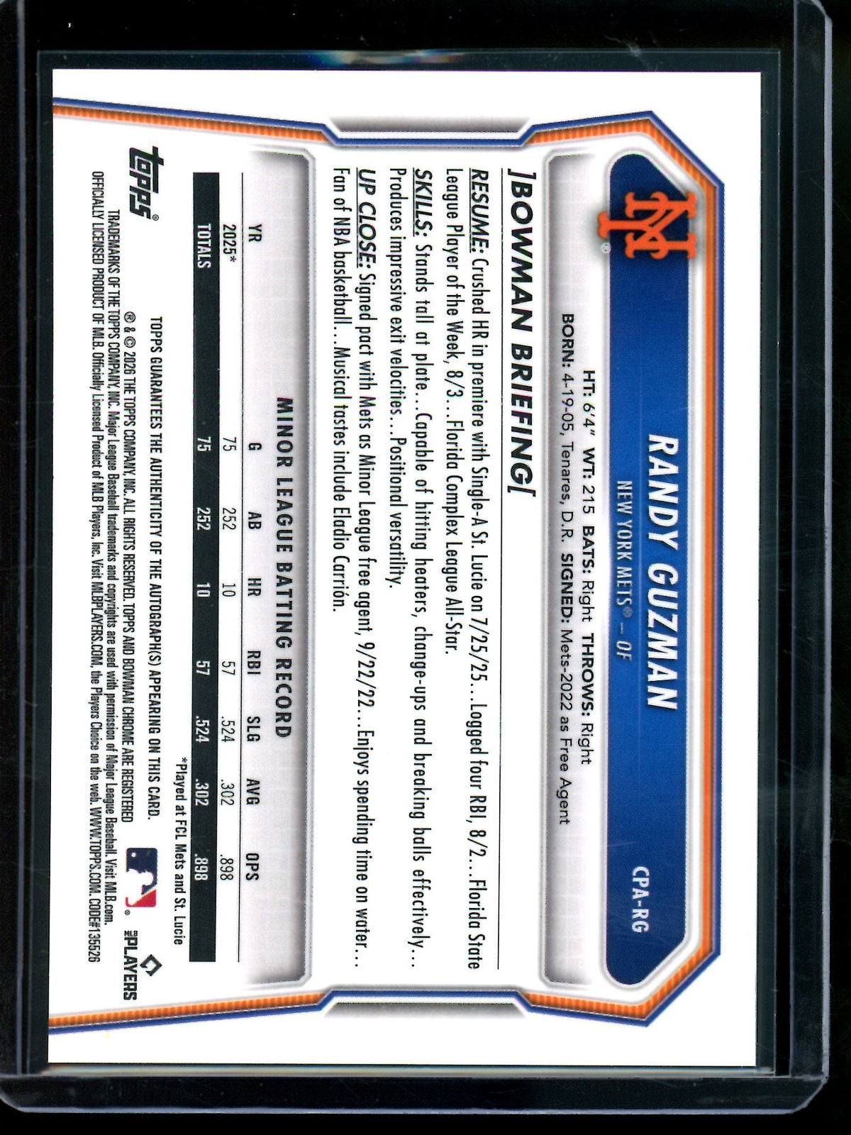 2026 Bowman Chrome Randy Guzman 1st Autograph Mets