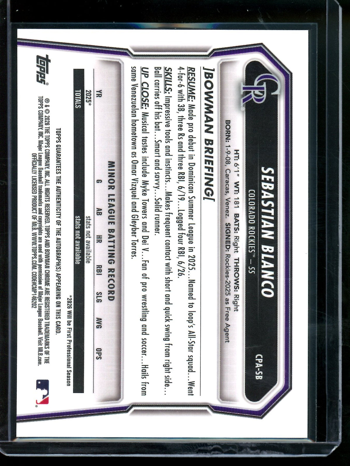 2026 Bowman Chrome Sebastian Blanco 1st Packfractor Autograph /89 Rockies