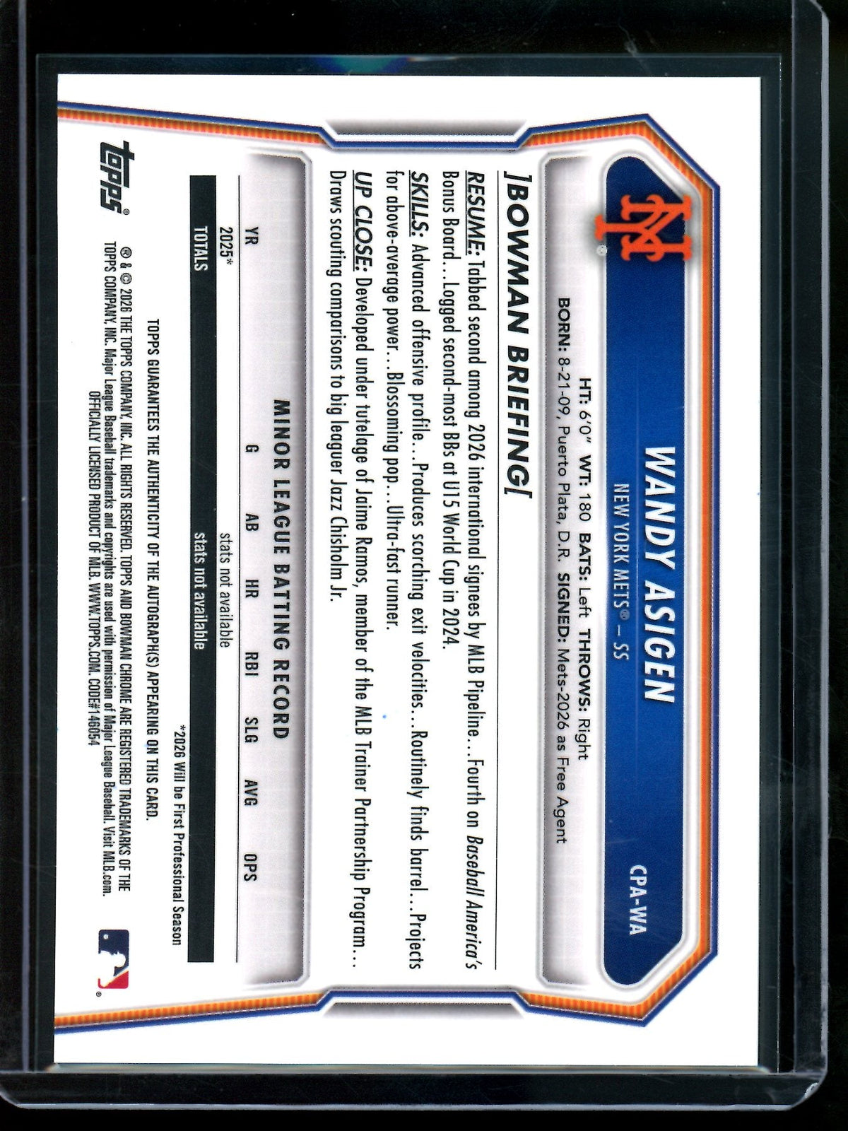 2026 Bowman Chrome Wandy Asigen 1st Autograph Mets