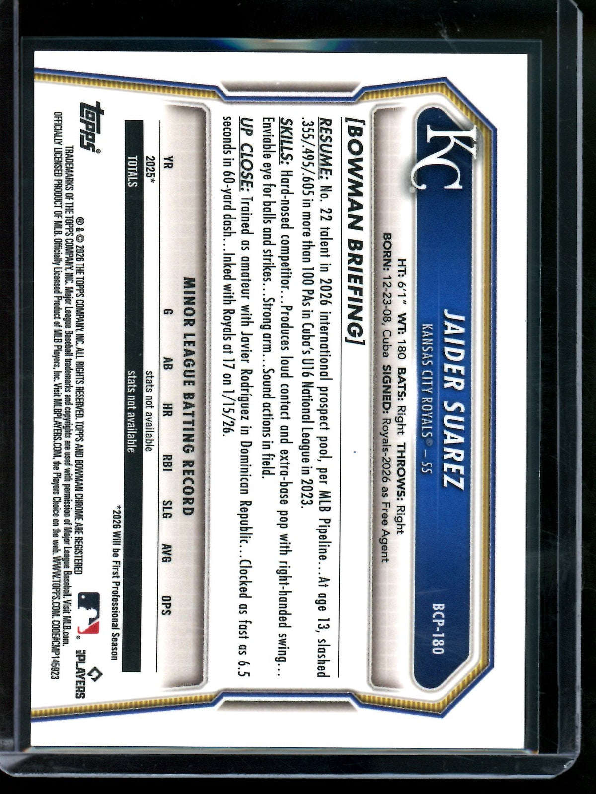 2026 Bowman Chrome Aider Suarez 1st Orange Refractor /25 Royals