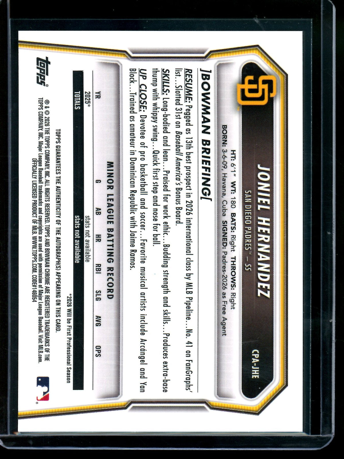 2026 Bowman Chrome Joniel Hernandez 1st Purple Refractor Autograph /250 Padres