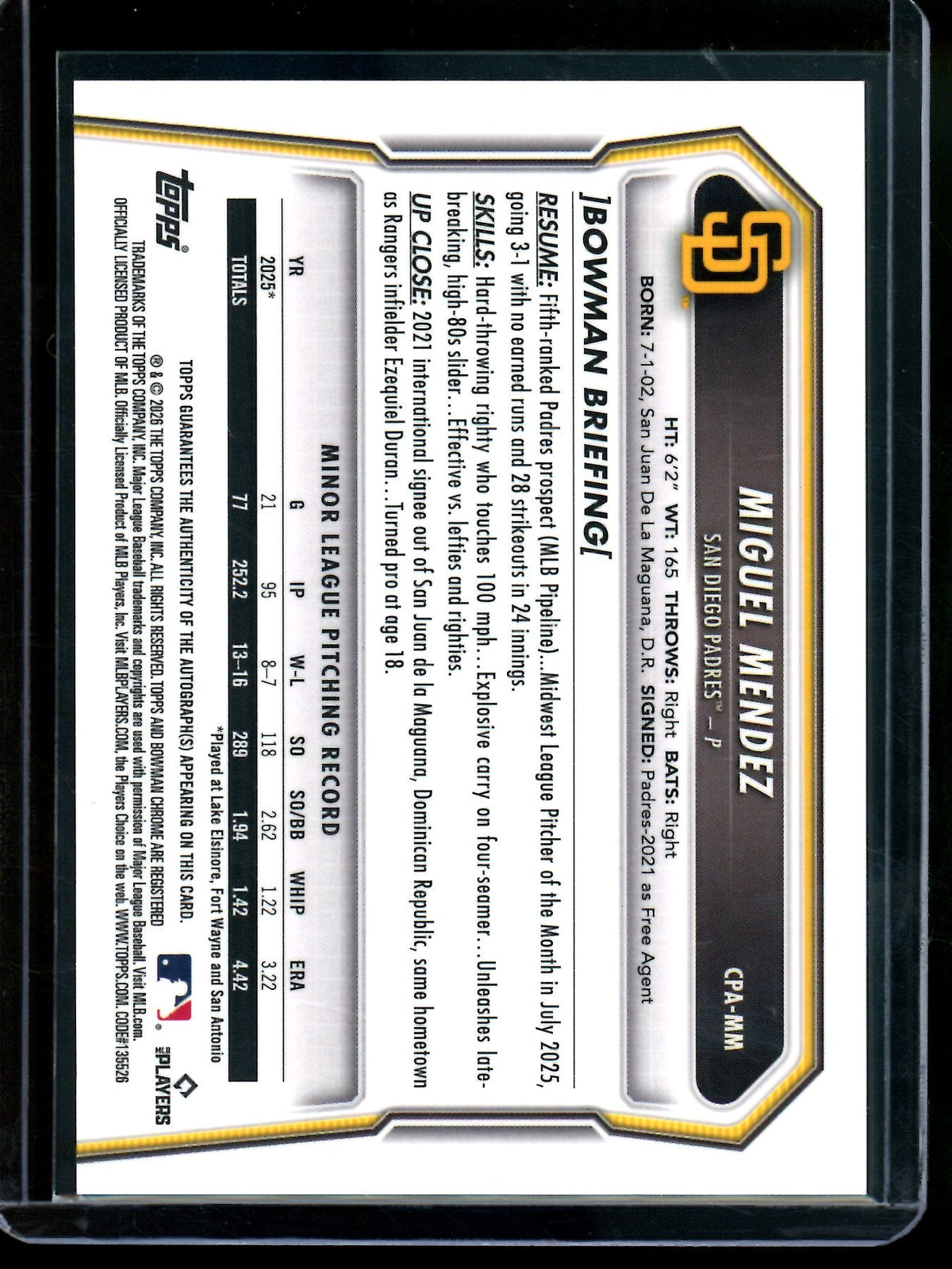 2026 Bowman Chrome Miguel Mendez 1st Purple Refractor Autograph /250 Padres