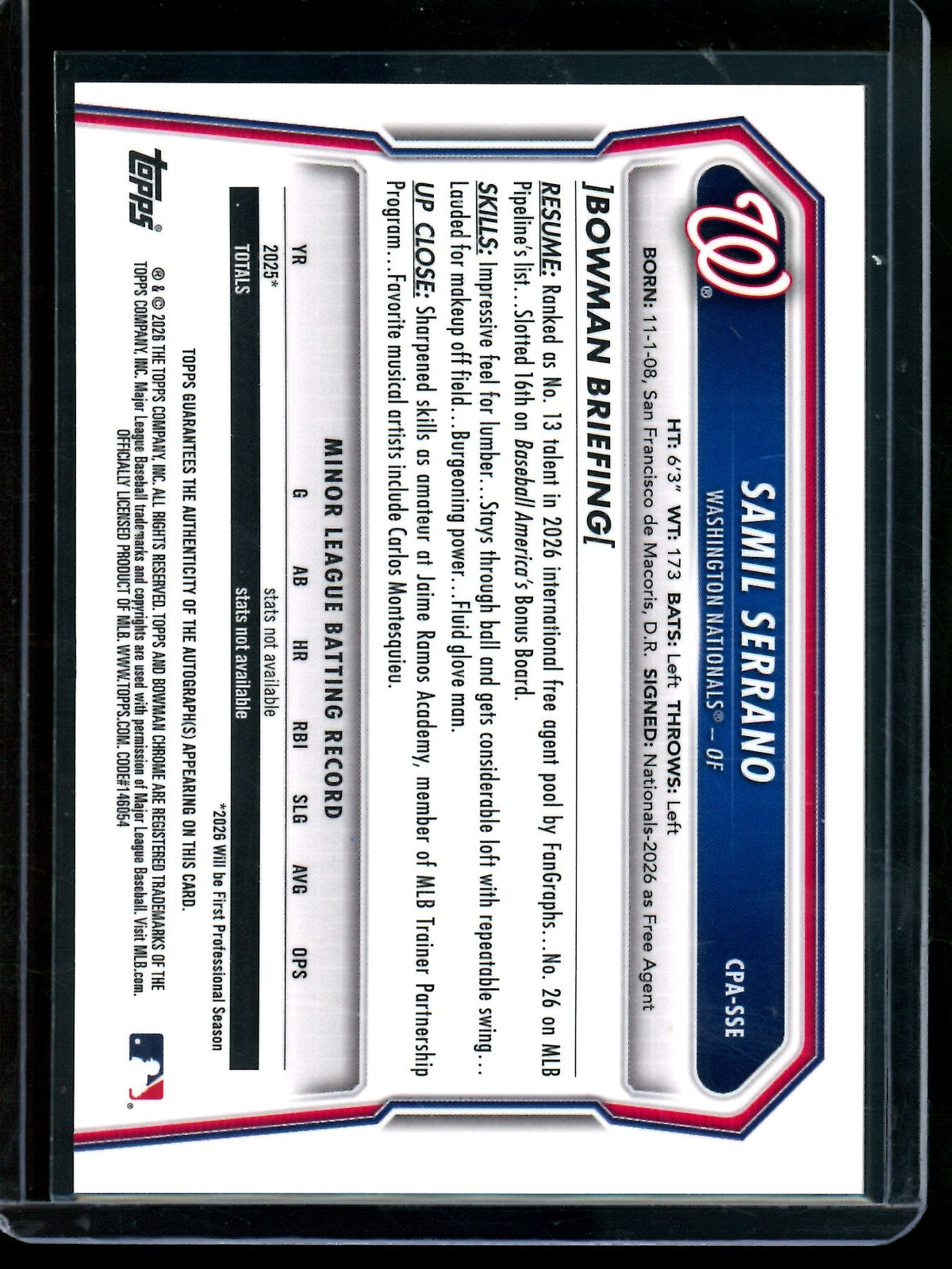 2026 Bowman Chrome Samil Serrano 1st Autograph Nationals