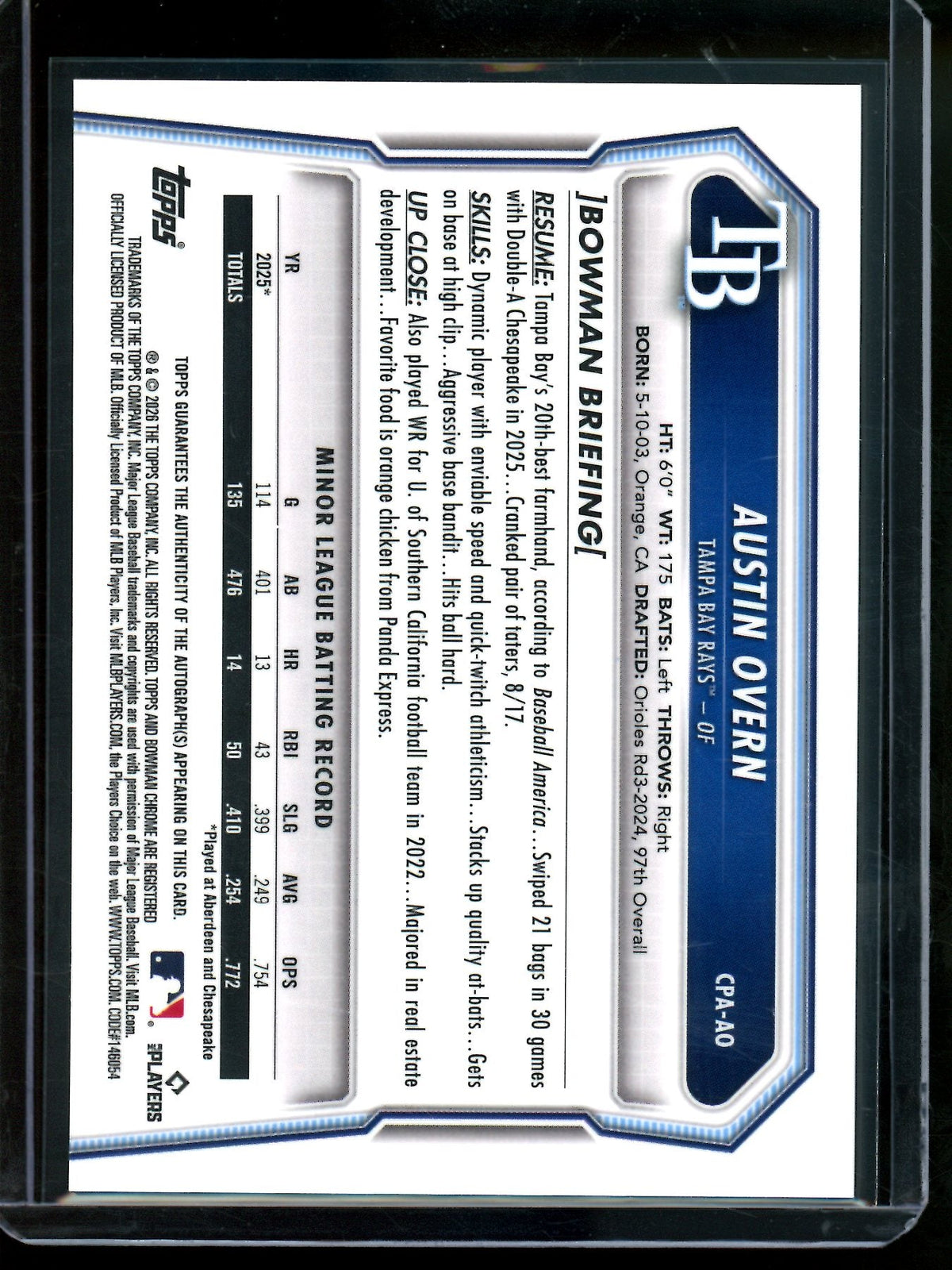 2026 Bowman Chrome Austin Overn 1st Autograph Rays