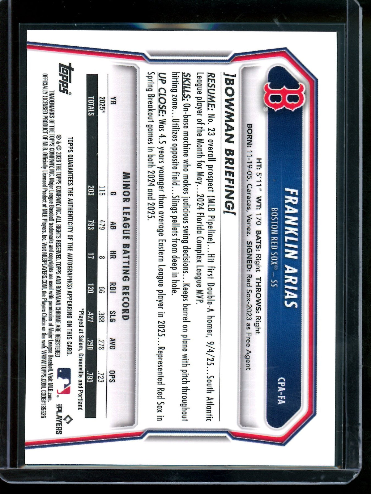 2026 Bowman Chrome Franklin Arias Green Lava Autograph Red Sox