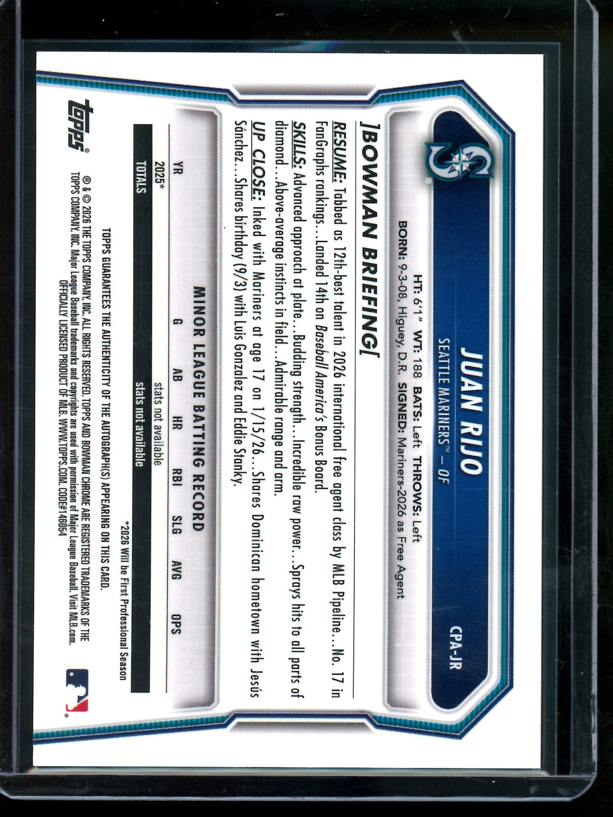 2026 Bowman Chrome Juan Rijo 1st Orange Wave Refractor Autograph /25 Mariners