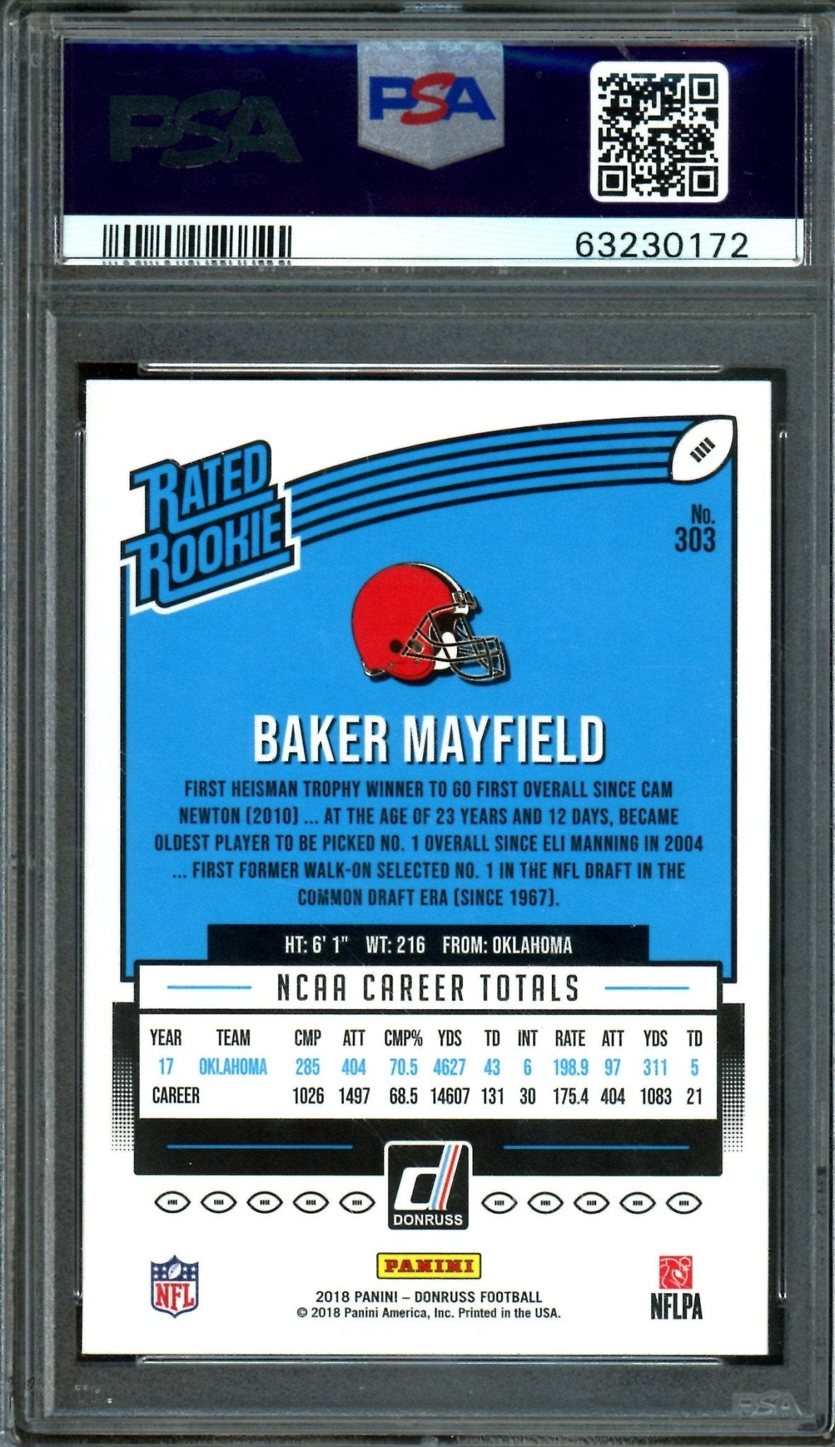 2018 Panini Donruss Baker Mayfield Rated Rookie 303 PSA 10 Browns - Trading Card Market