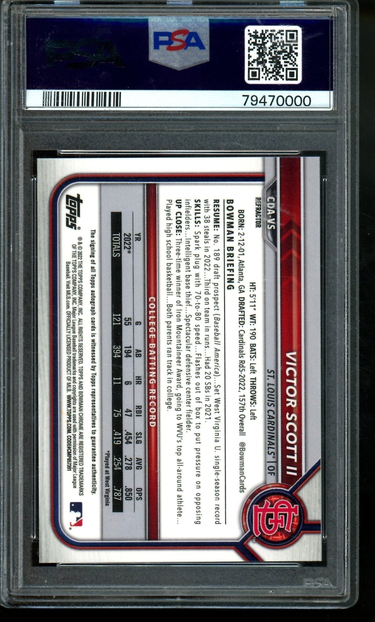 2022 Bowman Chrome Victor Scott II 1st Refractor Autograph /499 PSA 9 Cardinals - Trading Card Market