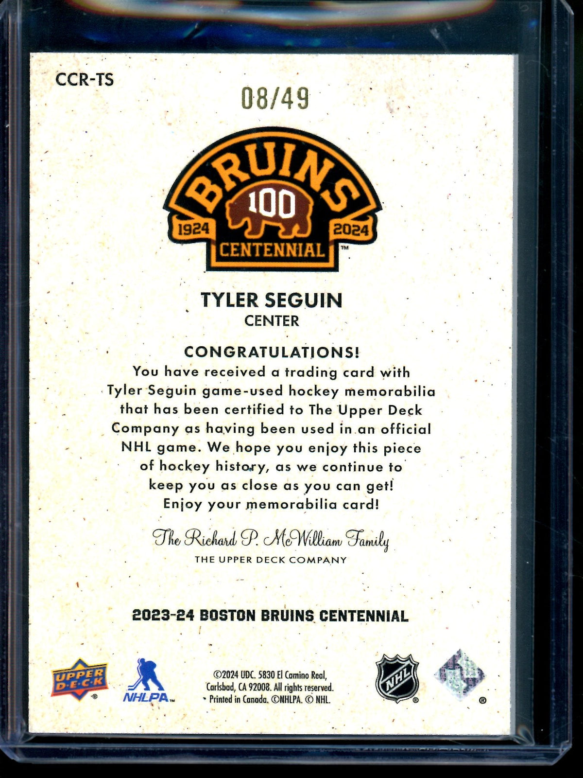 2024 Upper Deck Boston Bruins Centennial Tyler Seguin Jersey Relic /49 Bruins - Trading Card Market