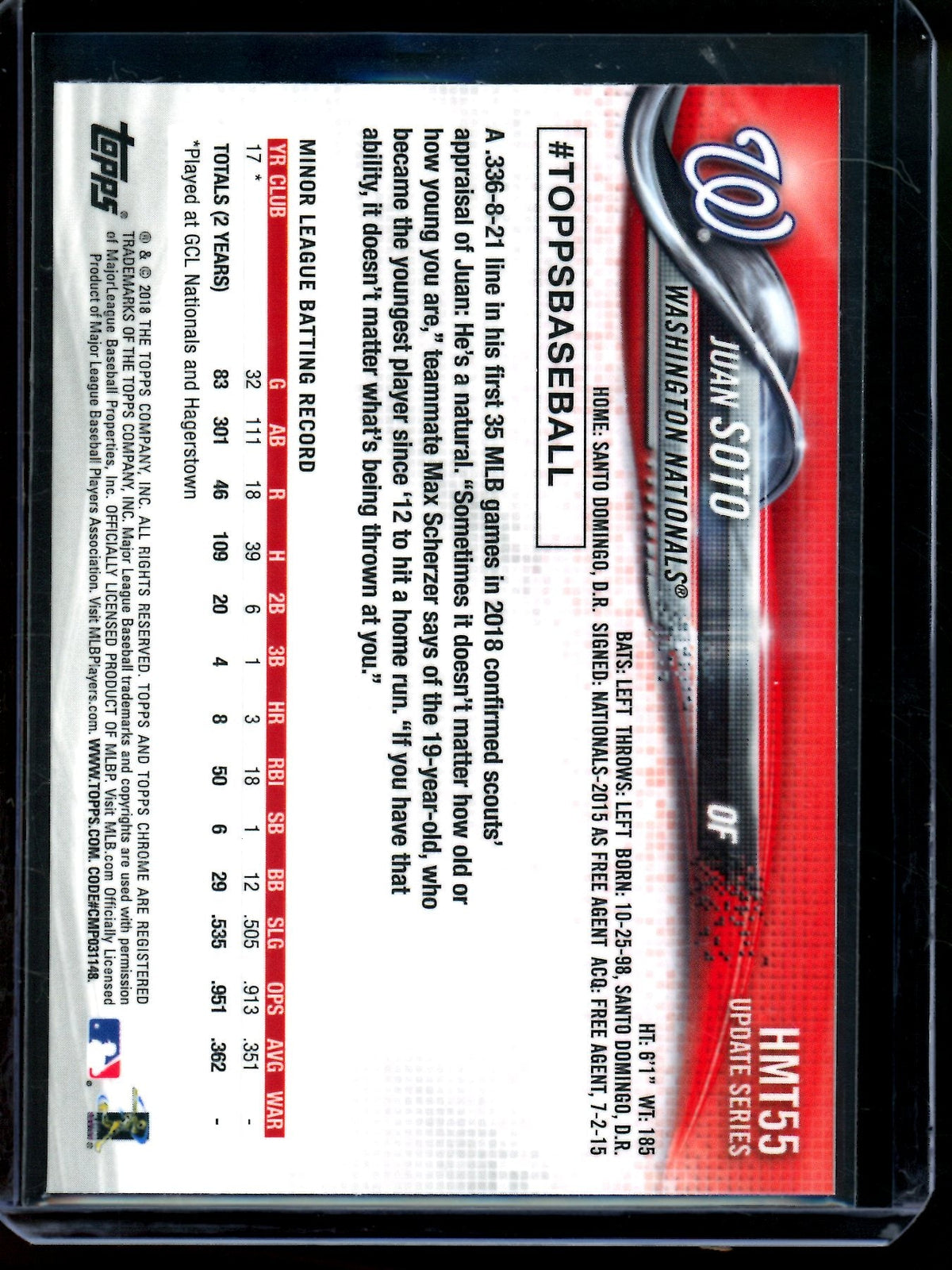 2018 Topps Chrome Juan Soto Rookie Card #HMT55 Nationals