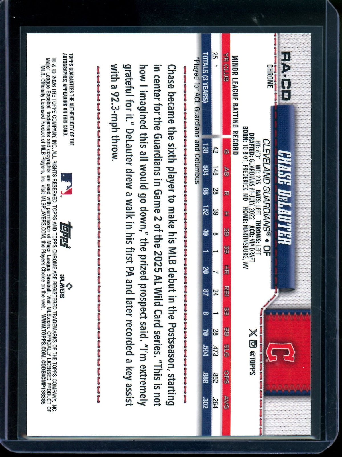 2026 Topps Chrome Chase DeLauter Rookie Autograph Guardians