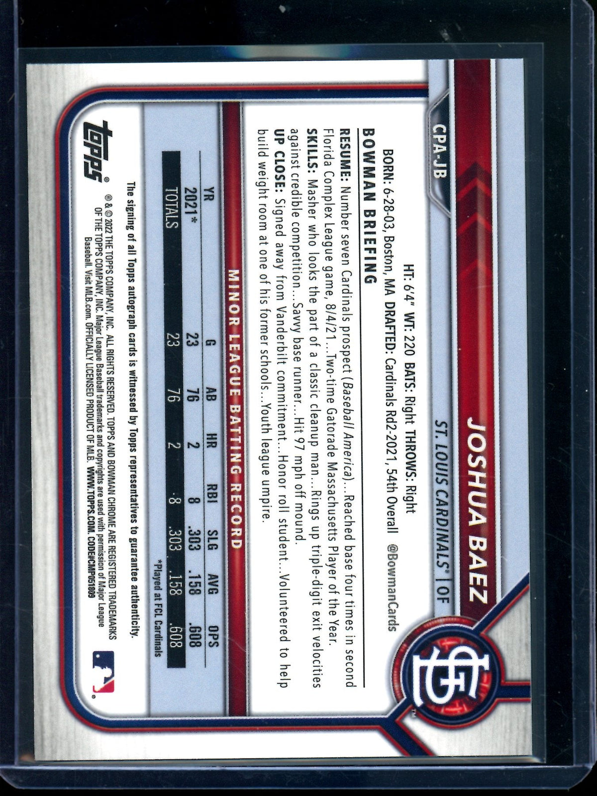 2022 Bowman Chrome Joshua Baez 1st Green Refractor Autograph /99 Cardinals