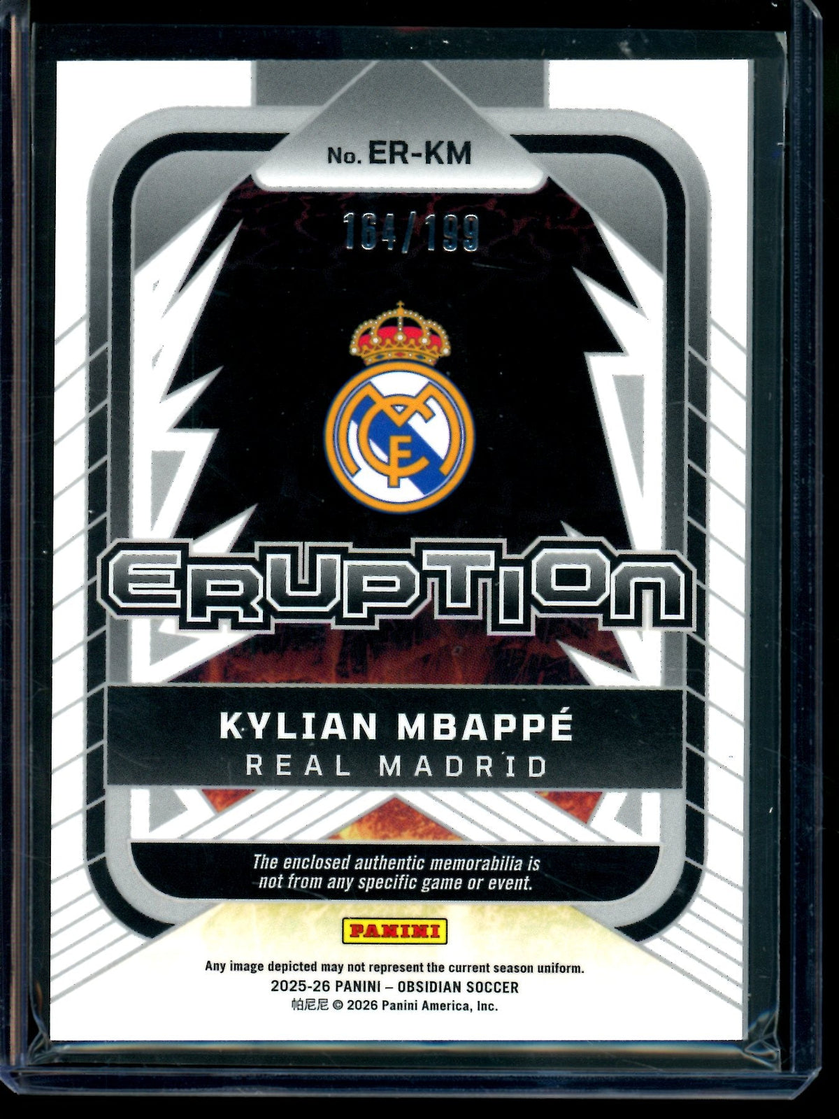 2025 Panini Obsidian Kylian Mbappe Eruption Jersey Relic /199 Real Madrid