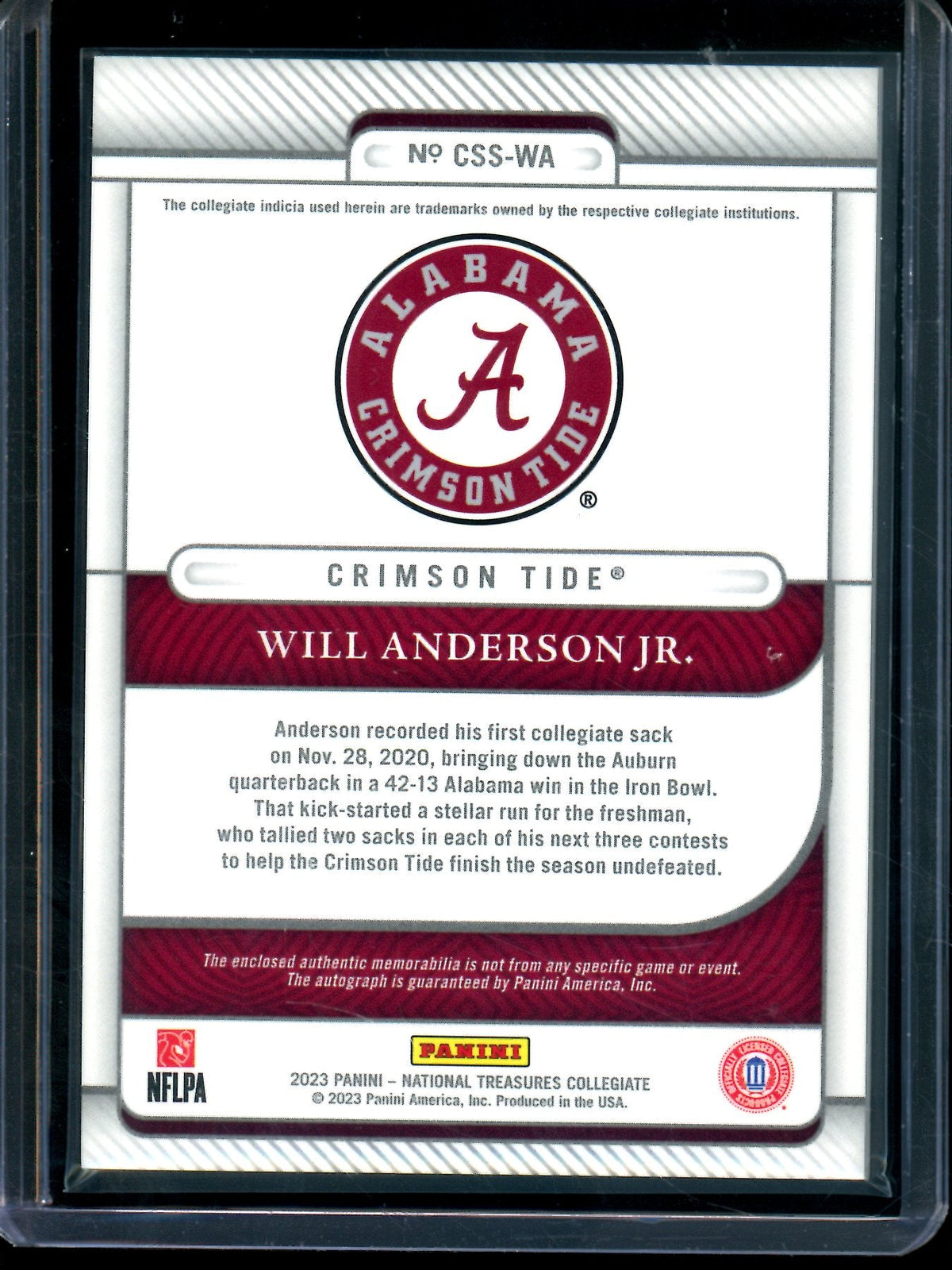 2023 Panini National Treasures Will Anderson Jr Rookie Patch Autograph /99 Crimson Tide