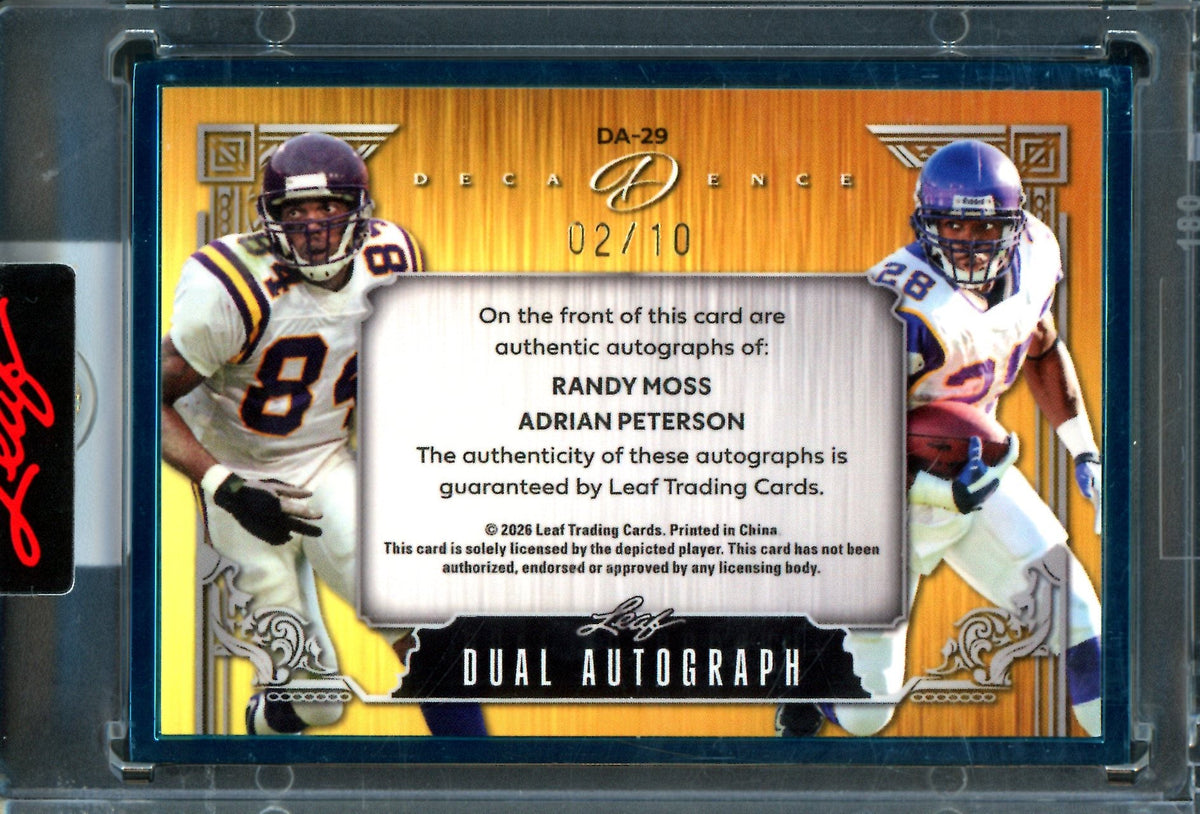 2026 Leaf Decadence Randy Moss / Adrian Peterson Dual Autograph Encased /10 Vikings