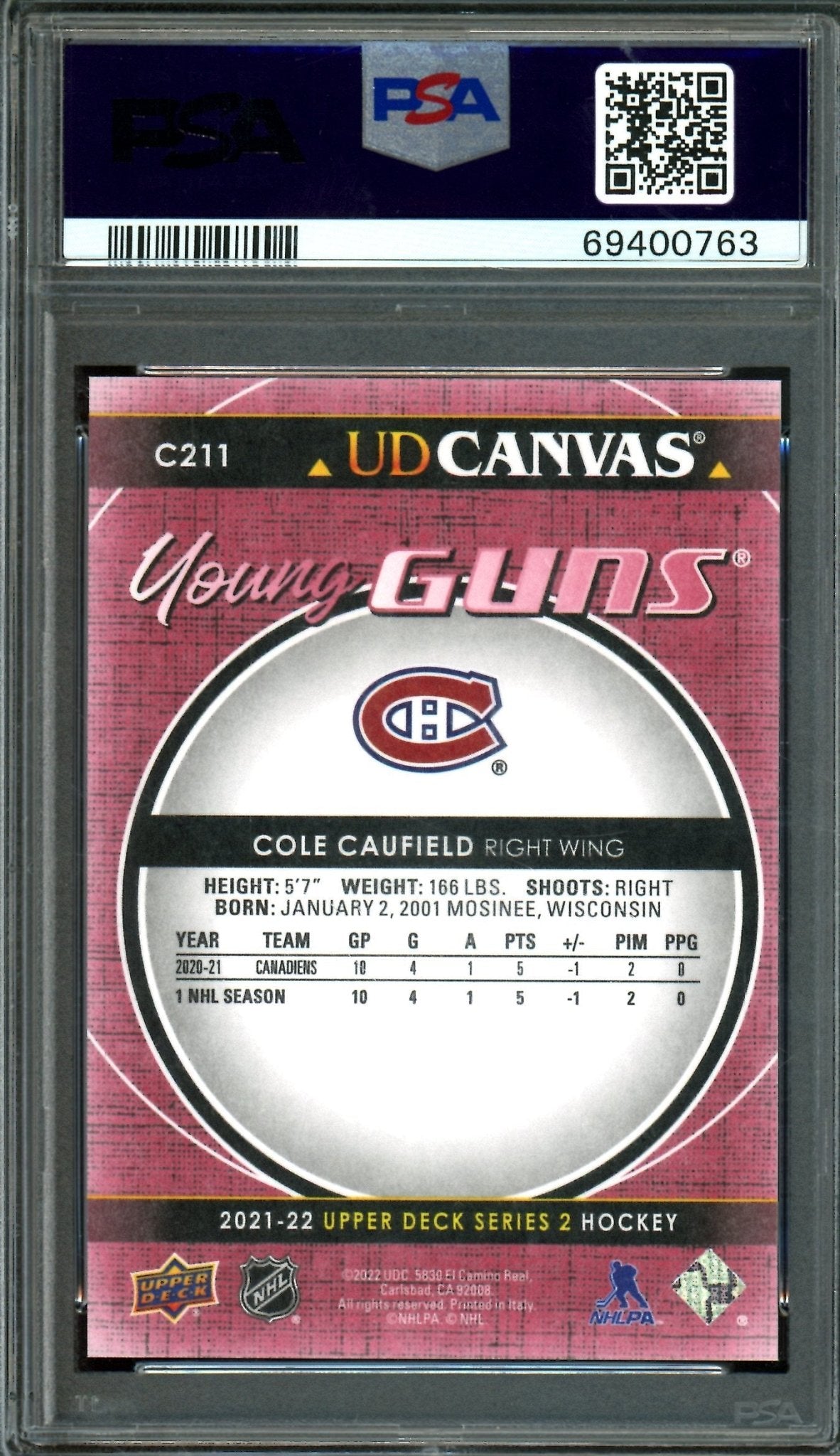 2021/22 Upper Deck Series 2 Cole Caufield UD Canvas Young Guns RC #C211 PSA 10 Canadiens - Trading Card Market