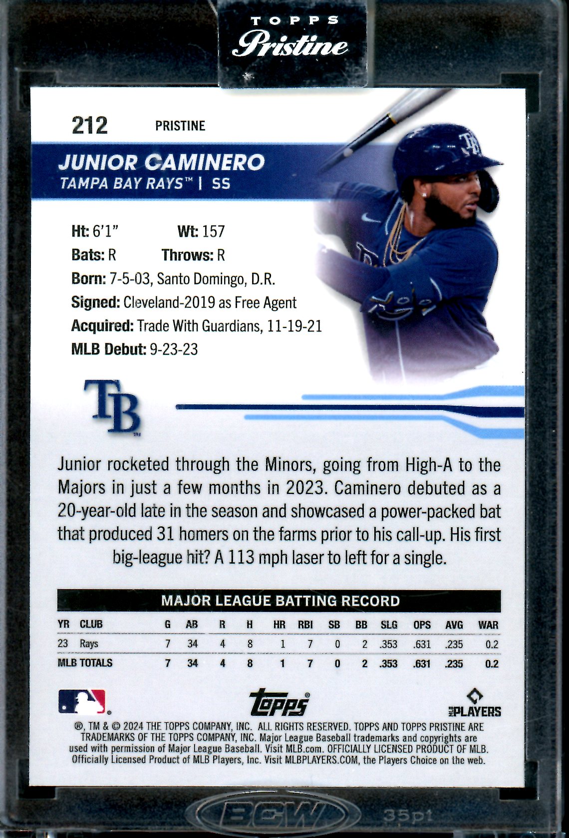 2024 Topps Pristine Junior Caminero Rookie RC Gold Pulse Refractor /50 Encased Rays