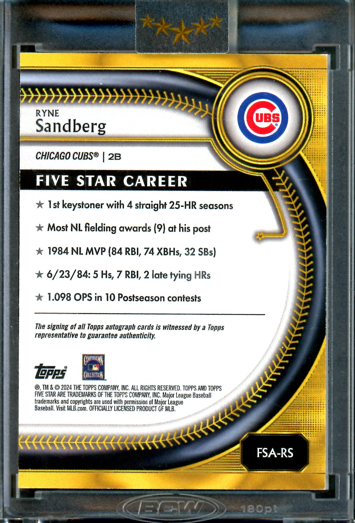 2024 Topps Five Star Ryne Sandberg Blue Encased Autograph /75 Cubs