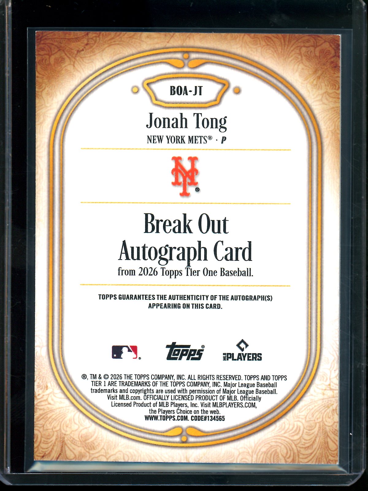 2026 Topps Tier One Jonah Tong Break Out Autograph /10 Mets