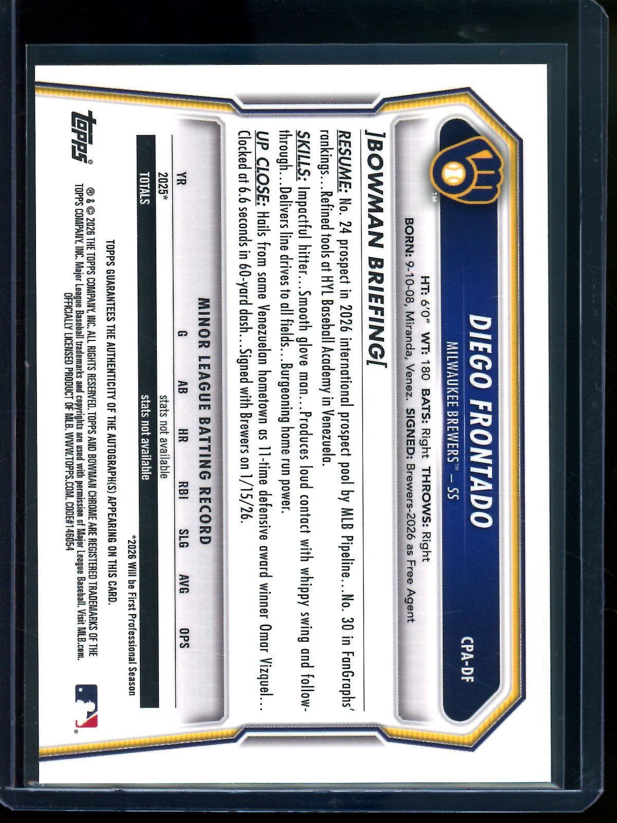 2026 Bowman Chrome Diego Frontado 1st Green Refractor Autograph /99 Brewers - Trading Card Market