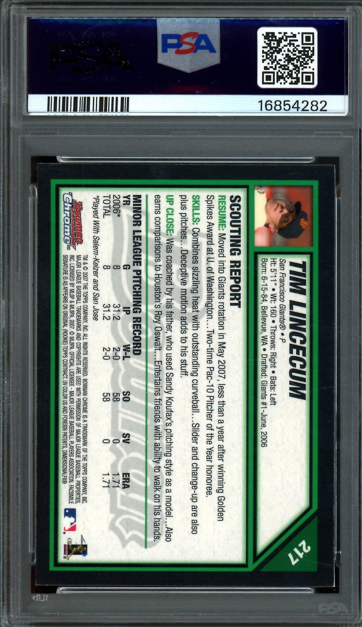 2007 Bowman Chrome Tim Lincecum Rookie RC #217 PSA 10 Giants