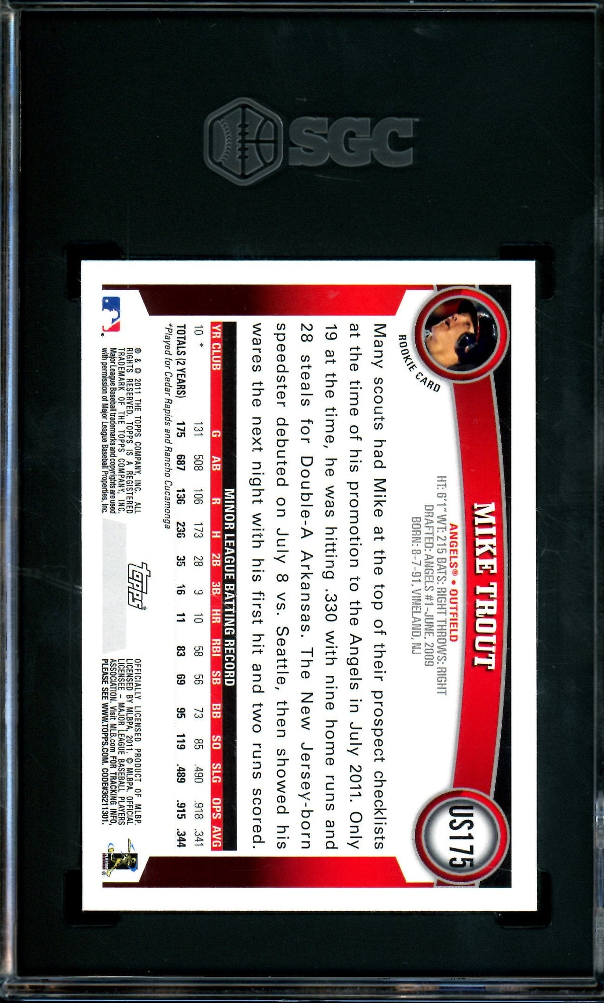 2011 Topps Update Mike Trout Rookie RC #US175 SGC 9 Angels