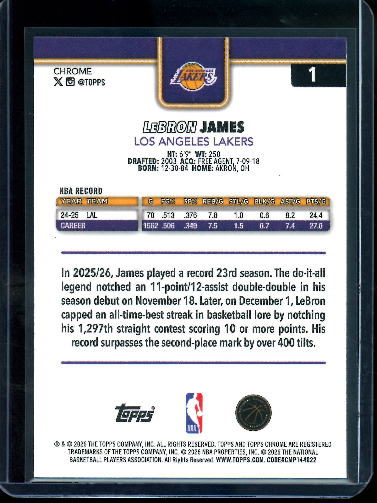 2025/26 Topps Chrome LeBron James Image Variation Mini Diamond Refractor Lakers