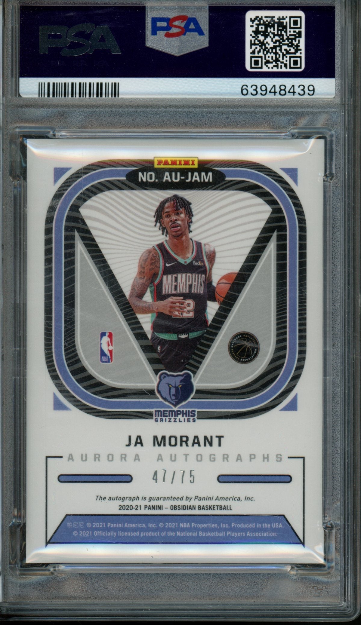 2020/21 Panini Obsidian Ja Morant Aurora Autograph Purple /75 PSA 9 Grizzlies