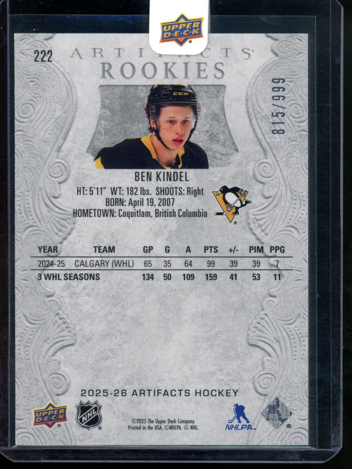 2025/26 Upper Deck Artifacts Ben Kindel Rookie RC Sealed /999 Penguins - Trading Card Market