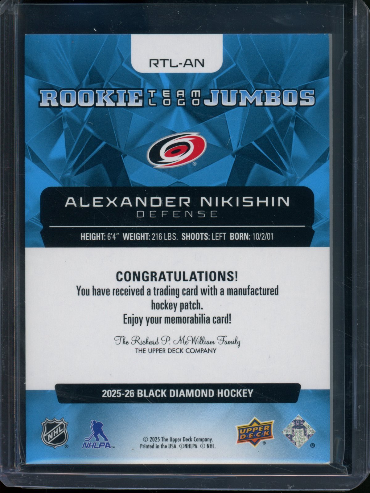 2025/26 Upper Deck Black Diamond Alexander Nikishin Rookie RC Team Logo Jumbos Hurricanes - Trading Card Market