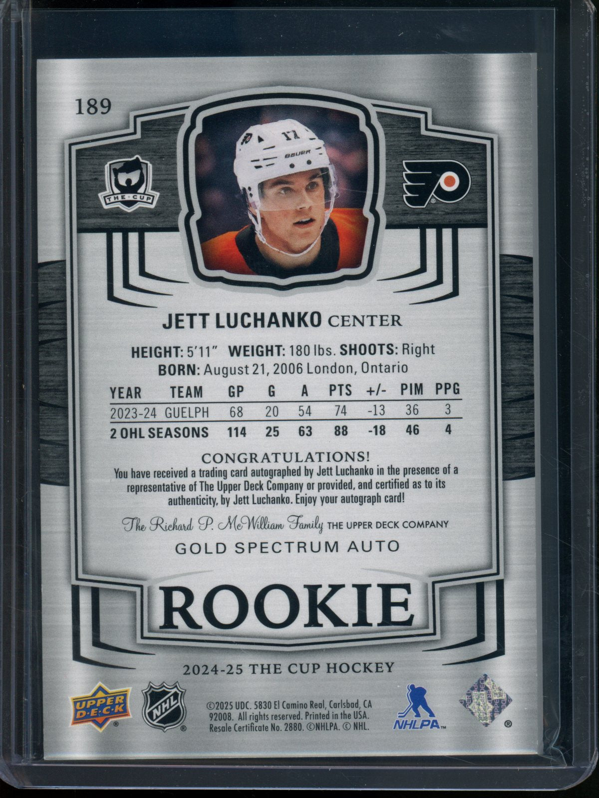2024/25 Upper Deck The Cup Jett Luchanko Rookie RC Autograph /36 Flyers (Edge Damage)