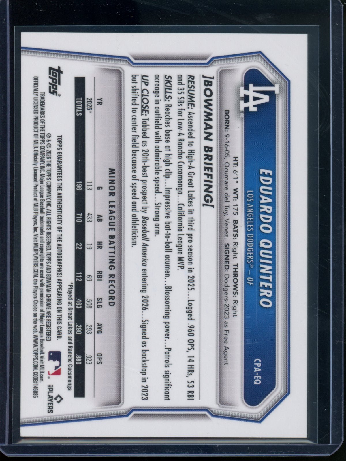 2026 Bowman Chrome Eduardo Quintero Green Mojo Refractor Autograph /99 Dodgers - Trading Card Market