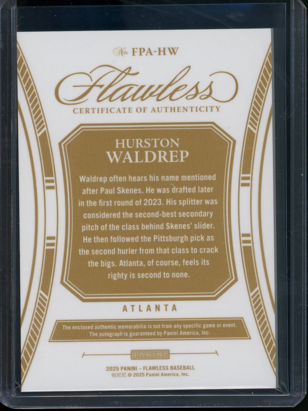 2025 Panini Flawless Hurston Waldrep Jersey Patch Autograph Gold /10 Braves - Trading Card Market