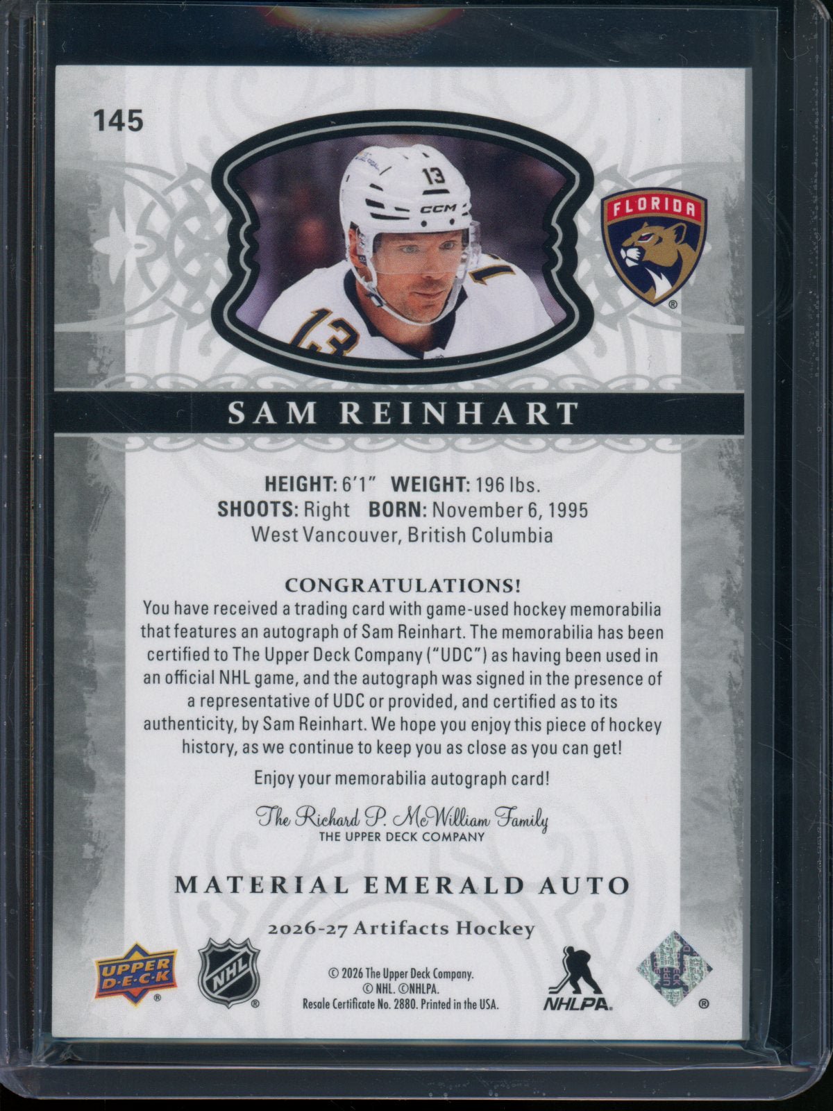 2026/27 Upper Deck Artifacts Sam Reinhart Rookie RC Material Emerald Autograph /15 Panthers - Trading Card Market