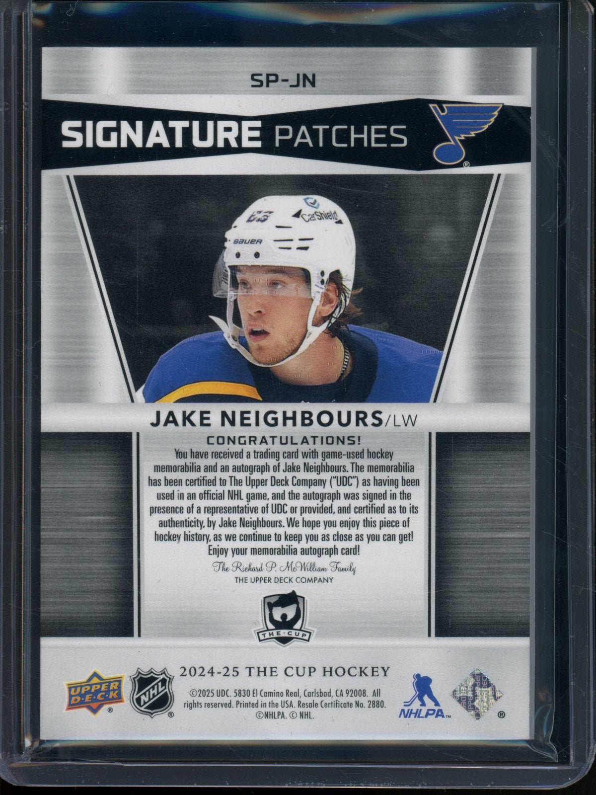 2024/25 Upper Deck The Cup Jake Neighbours Signature Patches Jersey Relic /99 Blues - Trading Card Market