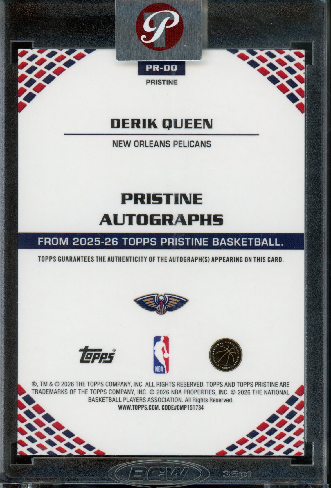 2025/26 Topps Pristine Derik Queen Rookie RC Refractor Encased Autograph Pelicans - Trading Card Market