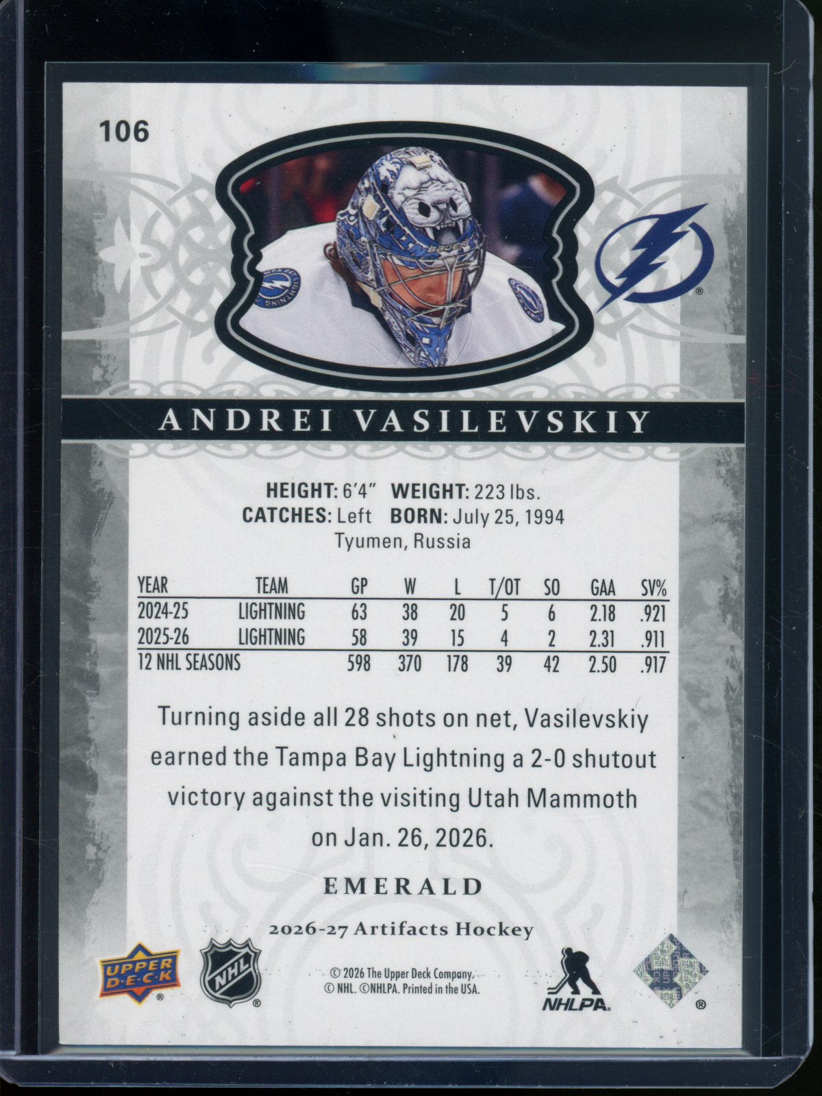 2026/27 Upper Deck Artifacts Andrei Vasilevskiy Emerald /10 #106 Lightning