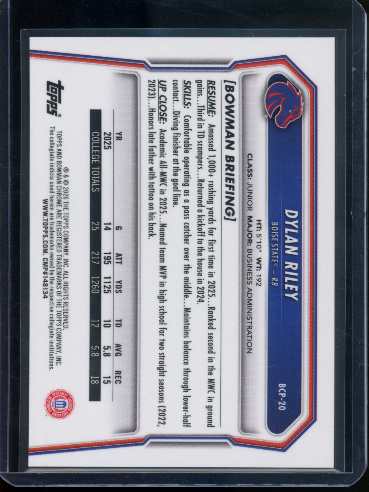 2026 Bowman Chrome U Dylan Riley 1st FDI Refractor /8 Boise State