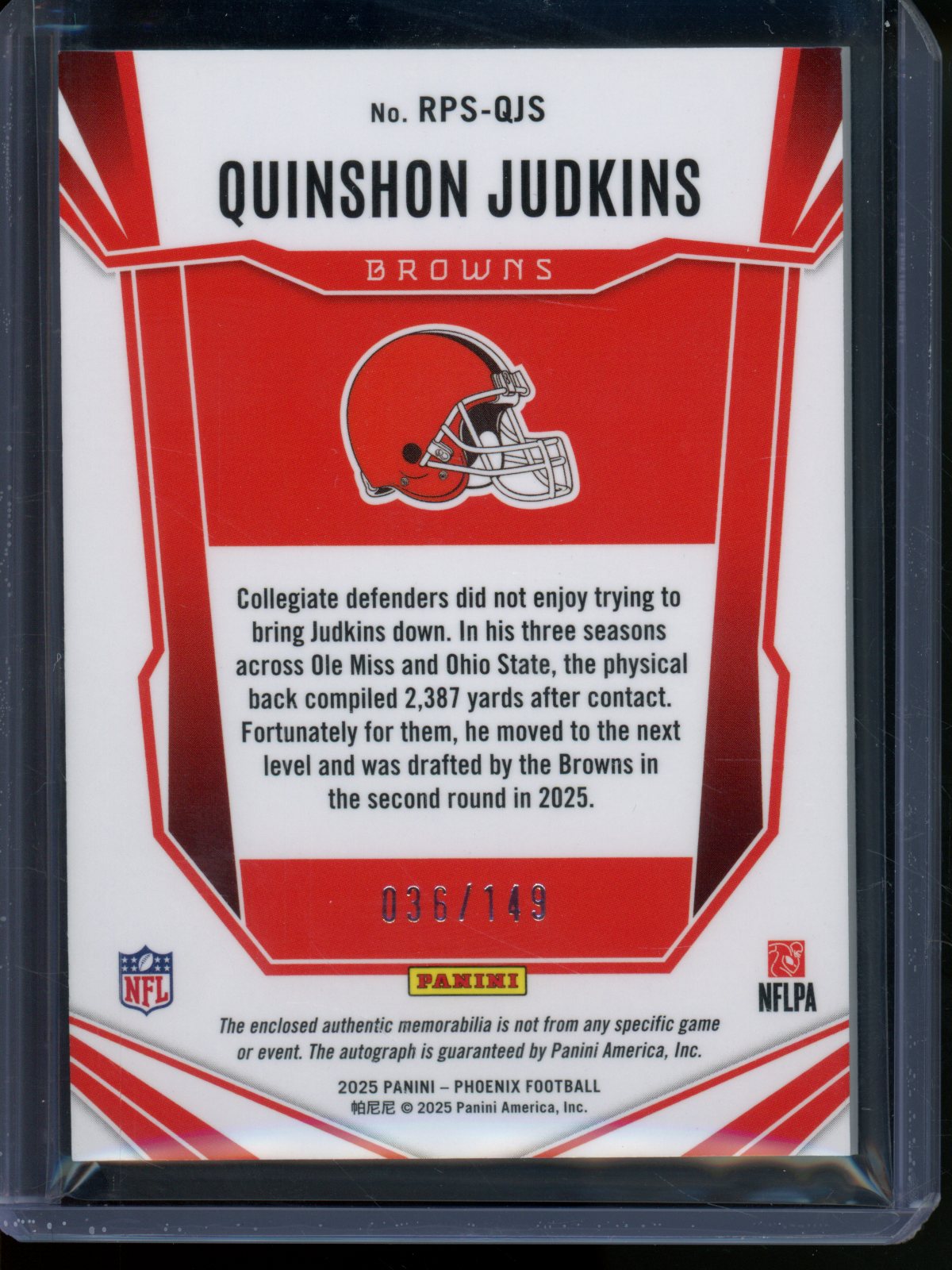 2025 Panini Phoenix Quinshon Judkins Jersey Relic Rookie Autograph /149 Browns