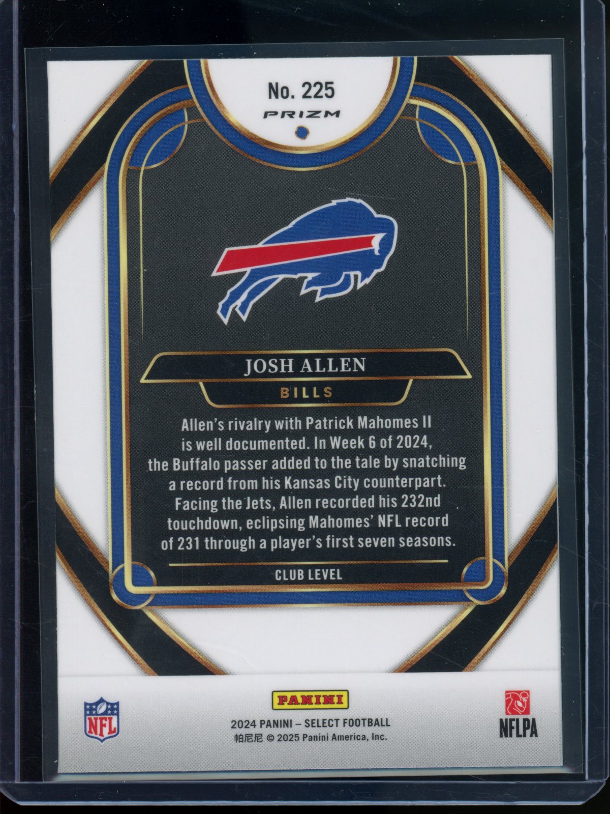 2024 Panini Select Josh Allen Club Level Zebra SSP #225 Bills