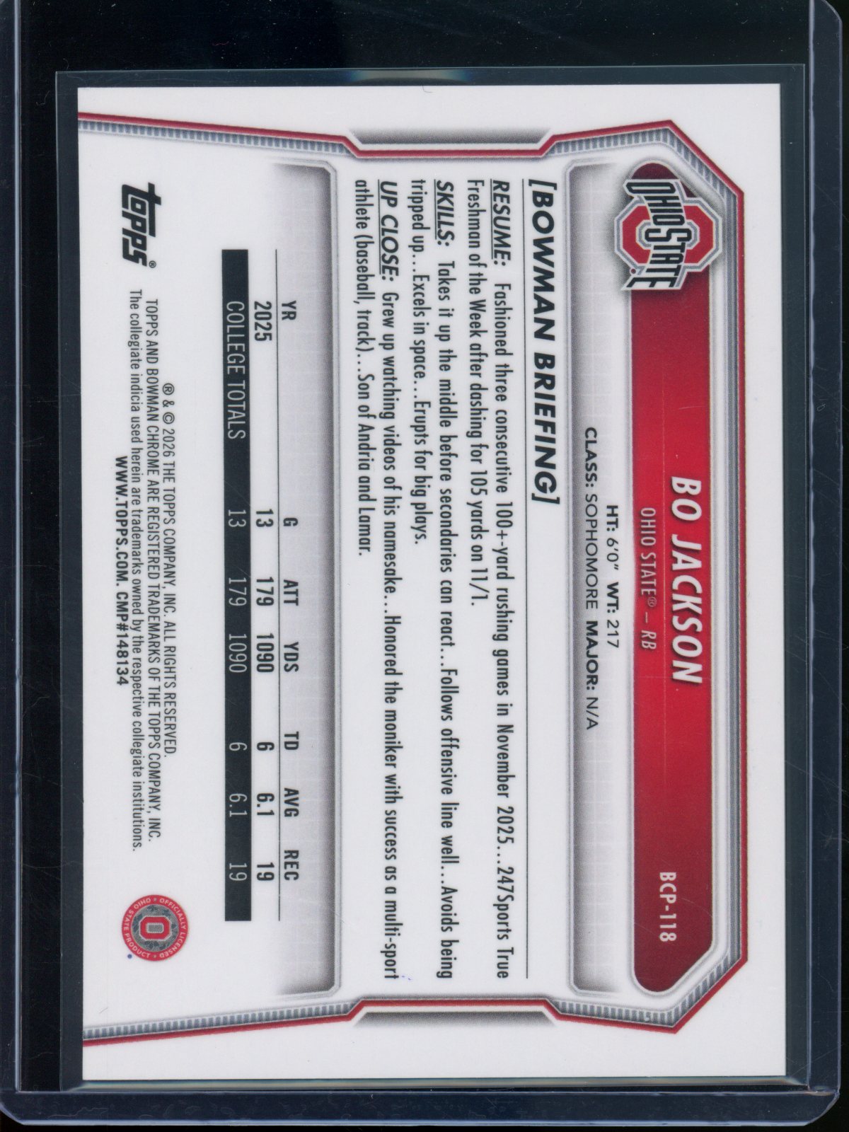 2026 Bowman Chrome U Bo Jackson 1st Green Reptilian Refractor /99 Ohio State