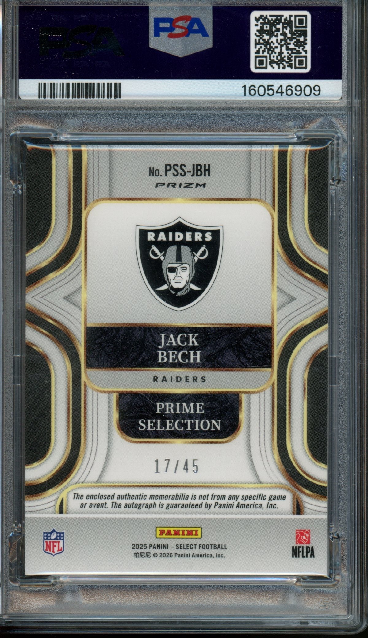 2025 Panini Select Jack Bech Rookie RC Prm. Signatures Neon Orange /45 PSA 10 Raiders