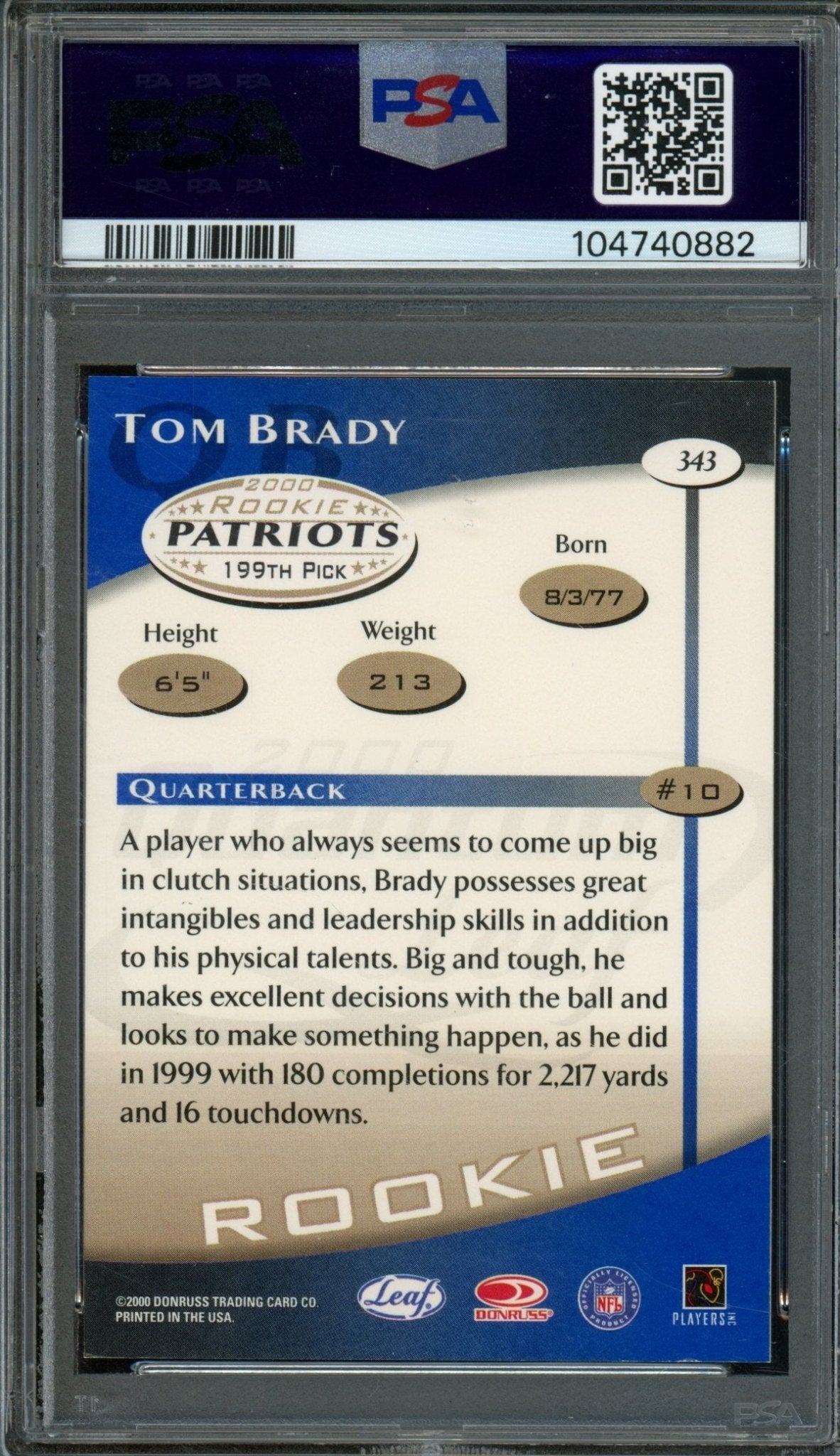 2000 Leaf Quantum Tom Brady Rookie RC #343 PSA 7 Patriots - Trading Card Market